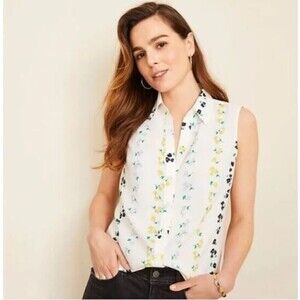 Ann Taylor Sleeveless Essential Button Down White Floral Top Large Petit (12/14)